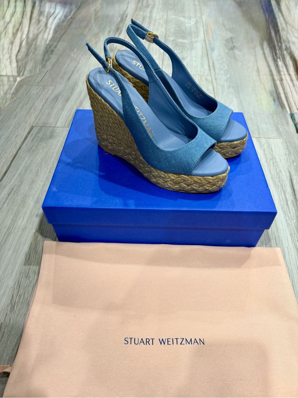 Stuart Weitzman Blue Denim Peep Toe Espadrille Wedge Slingback Sandals - Picture 2 of 6